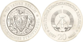Kurs- und Gedenkmünzen
 20 Mark 1987. Stadtsiegel. Im PCGS-Slab mit der Bewertung MS68 Jaeger 1617 Stempelglanz