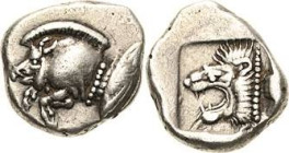 Mysien Kyzikos
 Diobol um 500/450 v. Chr. Eberprotome nach links, dahinter Thunfisch / Löwenkopf nach links im Quadratum incusum SNG BN 361 1.28 g. A...