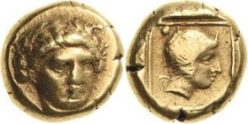 Lesbos Mytilene
 Elektron-Hekte um 412/378 v. Chr. Kopf des Apollo fast von vorn / Kopf einer Amazone im Karree nach rechts Bodenstedt 64 SNG Cop. - ...