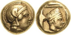 Lesbos Mytilene
 Elektron-Hekte um 412/378 v. Chr. Kopf der Athene nach rechts / Kopf der Artemis-Kybele im Karree nach rechts Bodenstedt 73 SNG Cop....