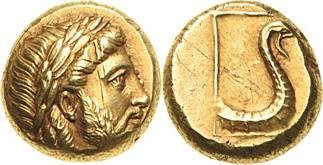 Lesbos Mytilene
 Elektron-Hekte um 377/326 v. Chr. Kopf des Zeus nach rechts / ...