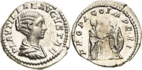 Kaiserzeit
Plautilla, Gemahlin des Caracalla 202-205 Denar 202/205, Rom Brustbild nach rechts, PLAVTILLAE AVGVSTAE / Caracalla nach links stehend im ...