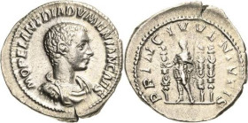 Kaiserzeit
Diadumenian 217-218 Denar 217/218, Rom Brustbild nach rechts, M OPEL ANT DIADVMENIAN CAES / Kaiser steht zwischen drei Standarten nach rec...