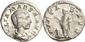 Kaiserzeit
Julia Maesa, Großmutter des Elagabalus +223 Denar 218/224, Rom Brustbild nach rechts, IVLIA MAESA AVG / Pietas steht nach links, opfert üb...