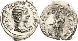 Kaiserzeit
Julia Mamaea, Mutter des Severus Alexander + 235 Denar vor 235, Rom Brustbild nach rechts, IVLIA MAMAEA AVG / Juno steht mit Kranz und Pfa...