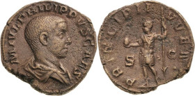 Kaiserzeit
Philippus II. 244-249 Sesterz 244/247, Rom Brustbild nach rechts, M IVL PHILIPPVS CAES / Kaiser nach links, PRINCIPI IVVENT, SC RIC 256 a ...