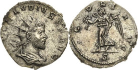 Kaiserzeit
Claudius II. Gothicus 268-270 Antoninian 268/269, Mediolanum Brustbild mit Strahlenkrone nach rechts, IMP CLAVDIVS P F AVG / Victoria schr...