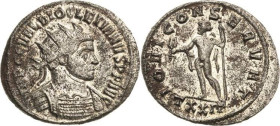 Kaiserzeit
Diocletian 284-305 Antoninian 290, Ticinum Brustbild mit Strahlenkrone nach rechts, IMP C VAL DIOCLETIANVS AVG / Jupiter mit Blitzbündel u...
