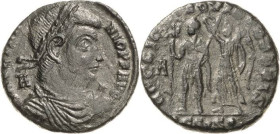 Kaiserzeit
Vertranio 350 Follis 350, Siscia Brustbild mit Lorbeerkranz nach rechts, DN VETRANIO P F AVG / Kaiser von Nike bekränzt nach links, HOC SI...