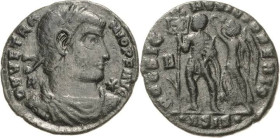 Kaiserzeit
Vertranio 350 Follis 350, Siscia Brustbild mit Lorbeerkranz nach rechts, DN VETRANIO P F AVG / Kaiser von Nike bekränzt nach links, HOC SI...