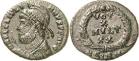 Kaiserzeit
Julian II. Apostata 355-363 Follis 360/363, Sirmium Brustbild mit Helm nach links, DN FL CL IVLIANVS PF AVG / VOT X MVLT XX im Kranz, SIRM...