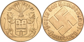 Drittes Reich
 Bronzemedaille o.J. Preismedaille der Stadt Hamburg. Stadtwappen / Hakenkreuz. Mit Randpunze HM BRONZE. 45,5 mm, 38,75 g Kl. Kratzer, ...