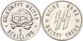 Drittes Reich
 Aluminium-Marke o.J. Propagandamarke der SS zu 1 Schilling. Totenkopf und Wert / SS Runen. 25 mm, 1,96 g Selten. Kl. Kratzer, vorzügli...