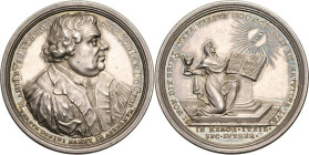 Reformation-Ereignisse und Jubiläen
 Silbermedaille 1717 (Chronogramm) (G.W. Vestner/P.H. Müller) 200 Jahre Reformation in Nürnberg. Brustbild Martin...