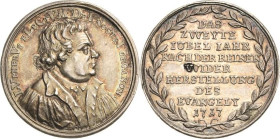 Reformation-Ereignisse und Jubiläen
 Silberabschlag vom Doppeldukaten 1717 (G.W.Vestner) 200 Jahre Reformation. Brustbild von Luther nach rechts / 9 ...