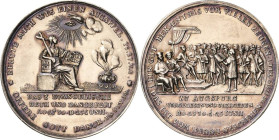 Reformation-Ereignisse und Jubiläen
 Silbermedaille 1730. (o. Sign. Müller) 200 Jahre Augsburger Konfession. Religio sitzt mit Kreuz und Buch, davor ...