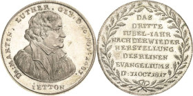 Reformation-Ereignisse und Jubiläen
 Versilberter Messingjeton 1817 (Stettner) 300 Jahre Reformation. Brustbild Martin Luthers nach rechts / 8 Zeilen...