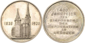 Reformation-Ereignisse und Jubiläen
 Silbermedaille 1925 (Lauer) Auf das 400-jährige Reformationsjubiläum in Ansbach. Ansicht der Kirche St. Johannis...