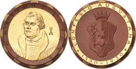 Reformation-Ereignisse und Jubiläen
 Braune Porzellanmedaille 1930 (Meißen) 400 Jahre Augsburger Konfession. Brustbild Martin Luther halblinks / Bekr...