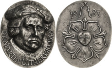 Reformation-Ereignisse und Jubiläen
 Weißmetallgussmedaille 1983 (T. Reis/Gießerei Rincker) 500. Geburtstag Martin Luthers. Brustbild fast von vorn /...