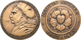 Reformation-Ereignisse und Jubiläen
 Bronzemedaille 1983. 500. Geburtstag Martin Luther. Brustbild nach links / Lutherrose. 65 mm, 106,67 g Brozatus ...