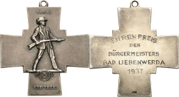 Schützenmedaillen
Bad Liebenwerda Silberkreuz 1937. Ehrenpreis des Bürgermeisters für die Schützen. Schütze über Schützenscheibe nach rechts / 5 Zeil...