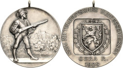 Schützenmedaillen
Gera Silbermedaille 1908 (unsigniert) 24. Mitteldeutsches Bundesschießen. Schütze in mittelalterlicher Tracht mit Gewehr vor Schlos...