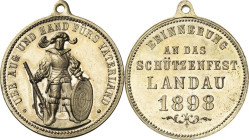 Schützenmedaillen
Landau Versilberte Bronzemedaille 1898. Schützenfest. Antikisierter Schütze von vorn / 5 Zeilen Schrift. 34 mm, 15,0 g. Mit Origina...
