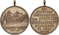 Schützenmedaillen
Meiningen Bronzemedaille 1893 (Behlert) 100. Stiftungsfest der Schützengesellschaft. Schützenhaus / Schrift. 33,5 mm, 15,54 g. Mit ...