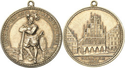Schützenmedaillen
Münster Silbermedaille 1925. 25. Westfälische Bundesschießen. Stadtansicht / Musketier. 40,5 mm, 24,0 g. Mit Originalöse Tragespure...