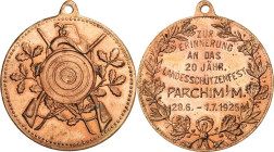 Schützenmedaillen
Parchim Bronzemedaille 1925. 20-jähriges Landesschützenfest. Emblem / 7 Zeilen Schrift im Eichen-Lorbeerkranz. 30 mm, 30,5 mm, 12,3...
