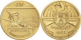 Schützenmedaillen - Bundesschießen
XIV. Deutsches Bundesschießen 1903 - Hannover Goldmedaille 1903 (Lauer) Schützenbrustbild mit geschulterter Büchse...
