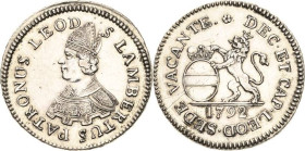 Belgien-Lüttich, Bistum
Sedisvakanz 1792 Escalin 1792. St. Lambert nach links / Löwe hält Wappenschild de Chestret 704 Nur 500 Exemplare geprägt. Fei...
