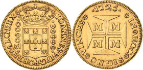 Brasilien
Joao V. 1706-1750 20 000 Reis 1725, M-Minas Gerais KM 117 Friedberg 33 Prober O-197 GOLD. 53.44 g. Kl. Kratzer, vorzüglich+
