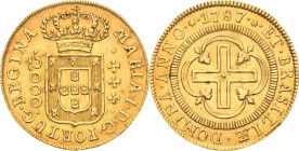 Brasilien
Maria I. 1777-1816 2000 Reis 1787. Auflagenhöhe: 1500 Exemplare. KM 224 Prober O-887 Friedberg 90 GOLD. 4.00 g. Seltenes und attraktives Ex...