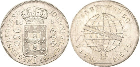 Brasilien
Maria I. 1777-1816 960 Reis 1816, B-Bahia Überprägung auf 8 Reales KM 307.1 Prober P-1125 Prägefrisch