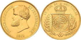 Brasilien
Pedro II. 1831-1889 10 000 Reis 1875. KM 467 Prober O-1639 Friedberg 122 GOLD. 8.95 g. Avers kl. Kratzer, fast prägefrisch