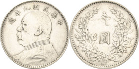China
Republik 1912-1949 Dollar 1921 (= Jahr 9). Yuan Shi Kai L/M 77 KM Y 329.6 Davenport 225 26.50 g. Sehr schön-vorzüglich