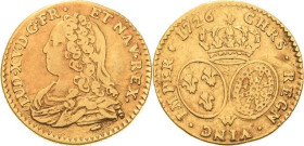 Frankreich
Ludwig XV. 1715-1774 1/2 Louis d'or aux lunettes 1726, W-Lille Duplessy 1641 Gadoury 329 Friedberg 462 Droulers 735 3.97 g. Kl. Feilspur a...