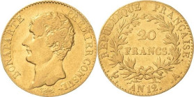 Frankreich
Napoleon Bonaparte Premier Consul 1799-1804 20 Francs 1803/1804 (=AN 12), A-Paris Gadoury 1020 Friedberg 480 Schlumberger 5 GOLD. 6.39 g. ...