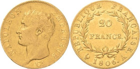 Frankreich
Napoleon I. 1804-1814, 1815 20 Franc 1806, A-Paris Gadoury 1023 Friedberg 487 a Schlumberger 30 GOLD. 6.39 g. Sehr schön