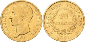 Frankreich
Napoleon I. 1804-1814, 1815 20 Franc 1807, A-Paris Gadoury 1023 Friedberg 487 a Schlumberger 31 GOLD. 6.40 g. Sehr schön