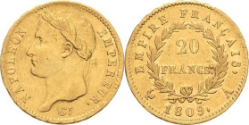Frankreich
Napoleon I. 1804-1814, 1815 20 Francs 1809, A-Paris Gadoury 1025 Friedberg 511 Schlumberger 63 6.42 g. GOLD. Prägebedingte Randfehler, seh...