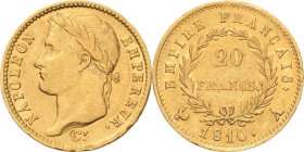 Frankreich
Napoleon I. 1804-1814, 1815 20 Francs 1810, A-Paris Gadoury 1025 Friedberg 511 Schlumberger 64 6.42 g. Kl. Randfehler, sehr schön+