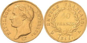 Frankreich
Napoleon I. 1804-1814, 1815 40 Francs 1811, A-Paris Gadoury 1084 Friedberg 505 Schlumberger 53 12.86 g. Revers min. Justiert, kl. Randfehl...