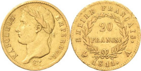 Frankreich
Napoleon I. 1804-1814, 1815 20 Francs 1811, A-Paris Gadoury 1025 Friedberg 511 Schlumberger 65 GOLD. 6.43 g. Randfehler, sehr schön