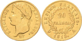 Frankreich
Napoleon I. 1804-1814, 1815 20 Francs 1813, A-Paris Gadoury 1025 Friedberg 511 Schlumberger 67 6.41 g. Leichte Fassungsspuren, sehr schön