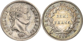 Frankreich
Napoleon I. 1804-1814, 1815 1/2 Franc 1814, A-Paris Gadoury 399 Attraktives Exemplar. Vorzüglich-Stempelglanz
