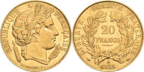 Frankreich
Zweite Republik 1848-1852 20 Francs 1851, A-Paris Gadoury 1059 Schlumberger 254 Friedberg 566 GOLD. 6.41 g. Kl. Kratzer, vorzüglich-Stempe...