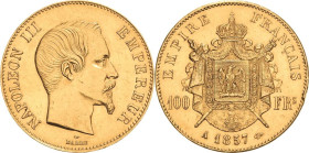 Frankreich
Napoleon III. 1852-1870 100 Francs 1857, A-Paris Gadoury 1135 Schlumberger 261 Friedberg 569 GOLD. 32.32 g. Av. Kl. Schrötlingsfehler, fas...